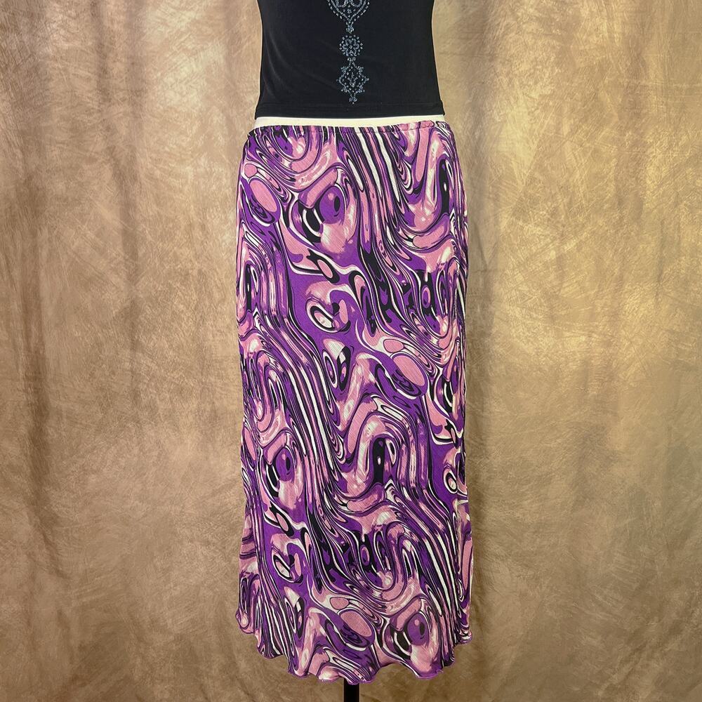 Chiffon Midi Skirt Geometric Swirl Purple Mesh Lettuce Hem Psychedelic Vintage